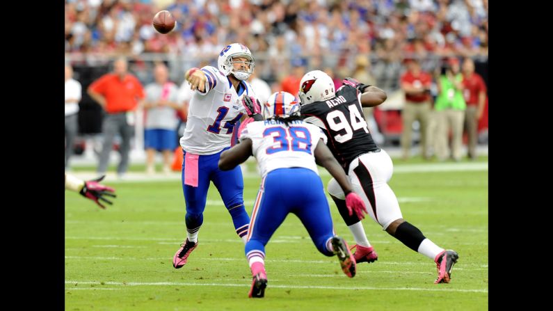 Buffalo Bills quarterback Ryan Fitzpatrick throws the ball downfield against the Arizona Cardinals on Sunday at the University of Phoenix Stadium in Glendale, Arizona.