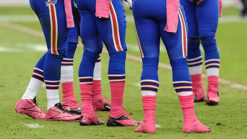 Members of the Buffalo Bills wear pink during Sunday's game against the Arizona Cardinals. October is Breast Cancer Awareness Month.