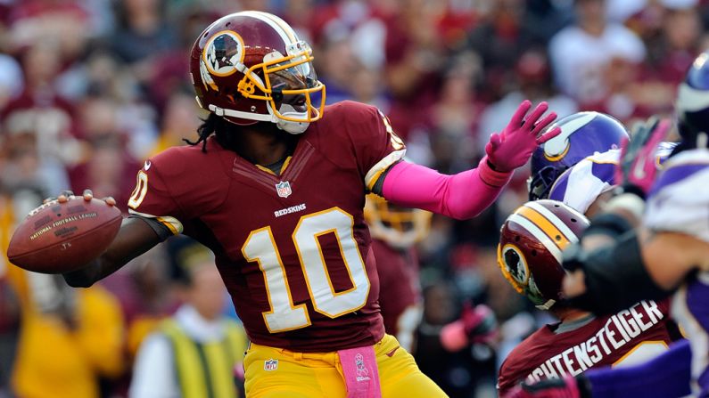 Robert Griffin III of the Washington Redskins throws a pass during Sunday's game against the Minnesota Vikings.