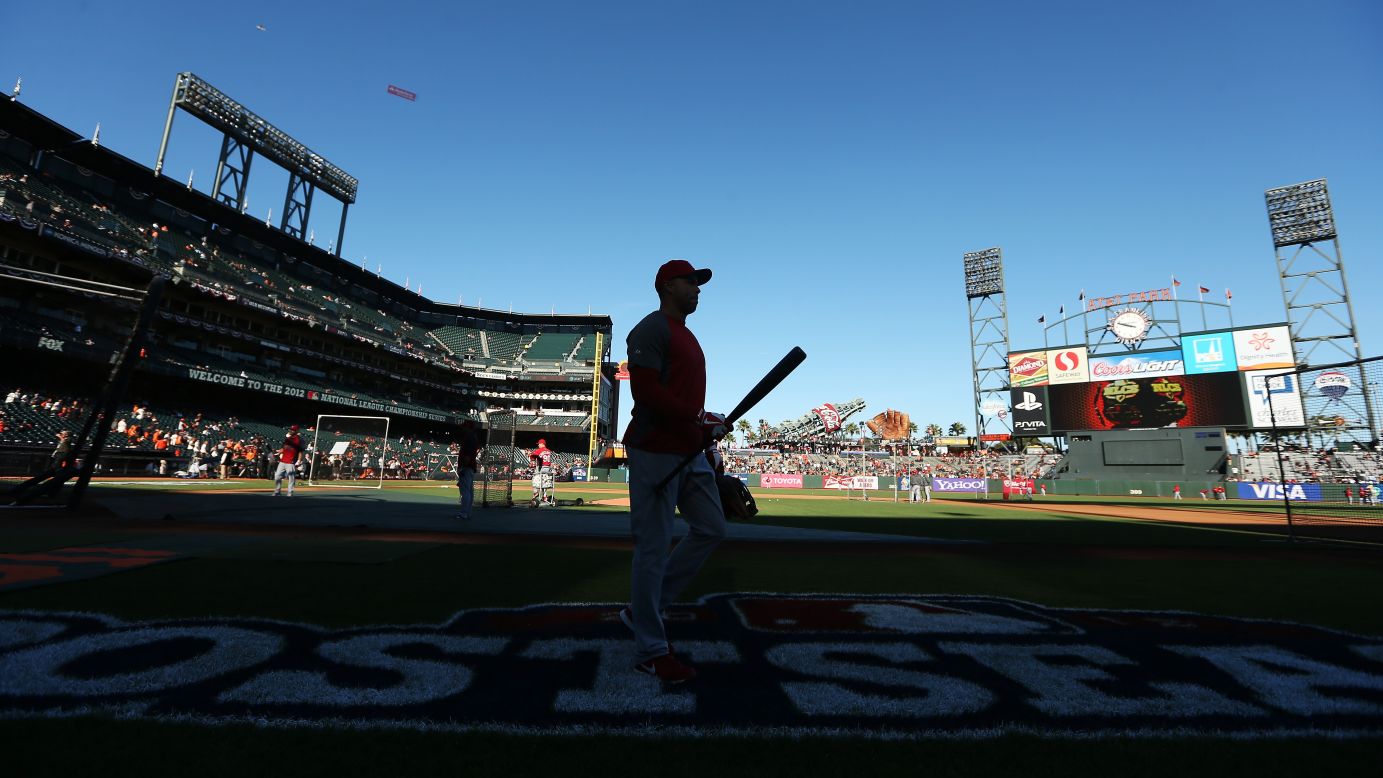 Carlos Beltran of the St. Louis Cardinals walks off the field during batting practice before Game One of the series against the San Francisco Giants.