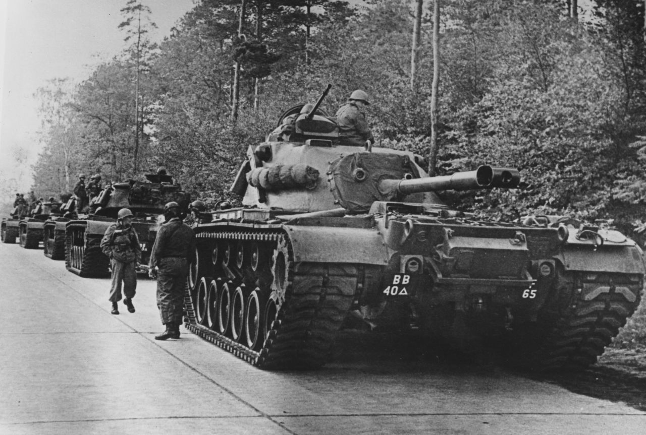 American tanks are on alert in the Berlin Grunewald, West Germany, on October 25, 1962, as the crisis over the Cuban blockade looms.