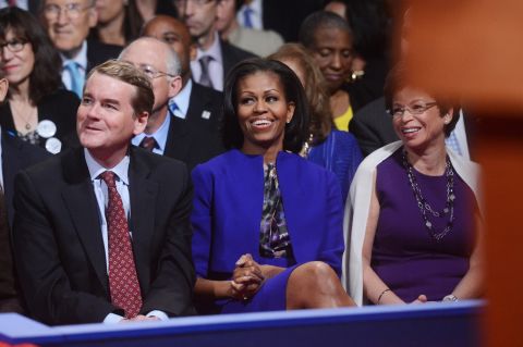 MIchelle Obama wore a royal blue ensemble by Preen to the first presidential debate. The First Lady had worn the skirt suit in public appearances twice before.