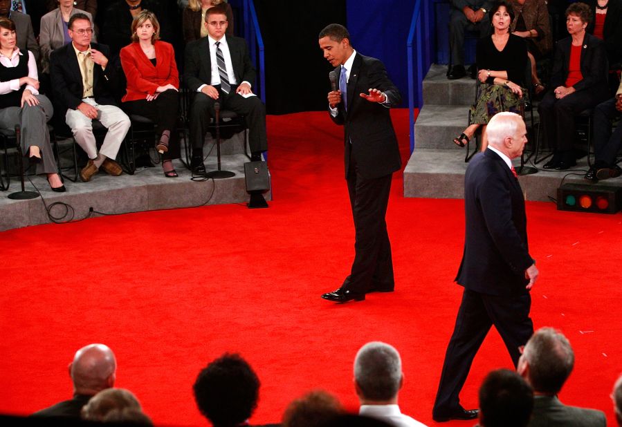 During the 2008 presidential town hall debate, GOP candidate John McCain wandered around stage as Democratic nominee Barack Obama tackled questions. 
