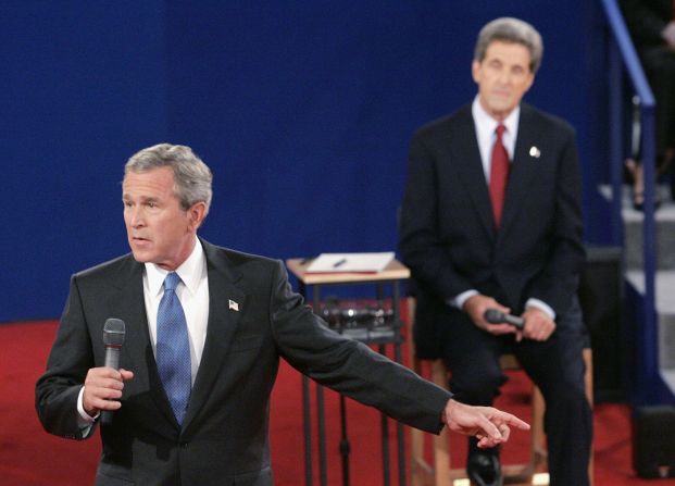 President George W. Bush had a hard time coming up with three wrong decisions that he'd made in response to a question from an audience member during the town hall debate in 2004 at Washington University in St. Louis. 