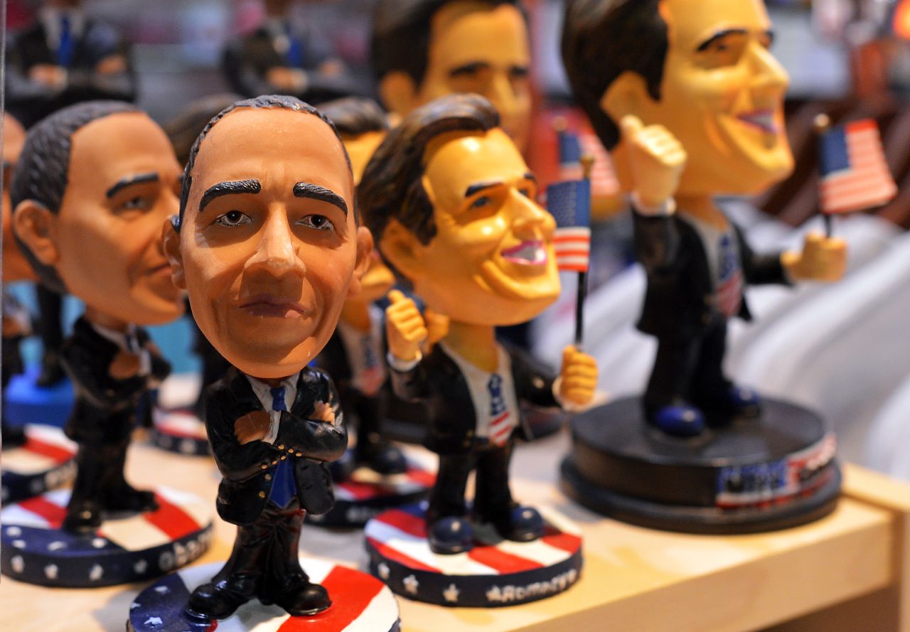 Dolls depicting Obama and Mitt Romney are on display at a gift shop at Baltimore/Washington International Thurgood Marshall Airport in Maryland on Sunday.