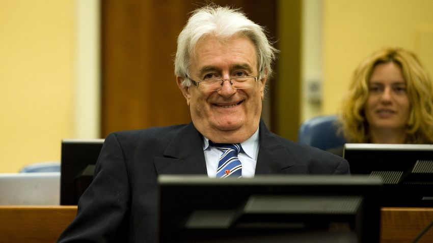 Former Bosnian Serb leader Radovan Karadzic on the first day of his defense against war crime charges in The Hague, Netherlands on October 16, 2012