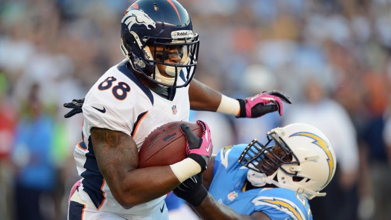 Demaryius Thomas of the Broncos runs the ball against Takeo Spikes of the Chargers in the first quarter.