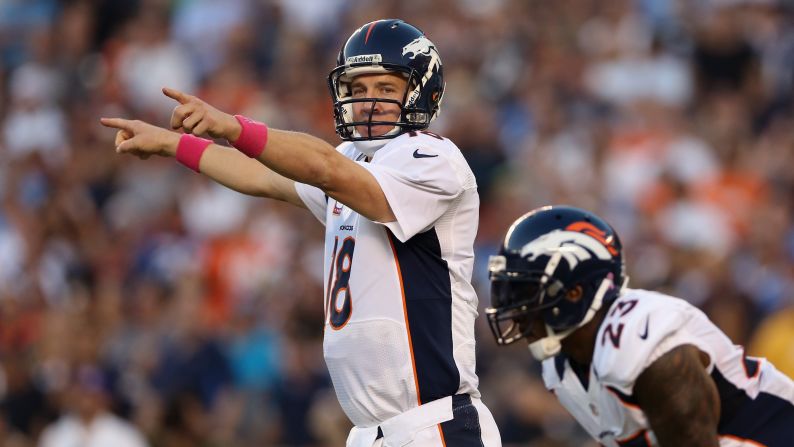 Quarterback Peyton Manning of the Broncos calls out a play next to running back Willis McGahee.