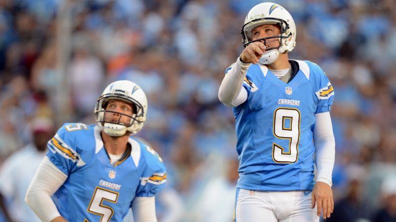 Placekicker Nick Novak, right, and Mike Scifres of the San Diego Chargers watch Novak's kick split the uprights for a field goal against the Denver Broncos on Monday.