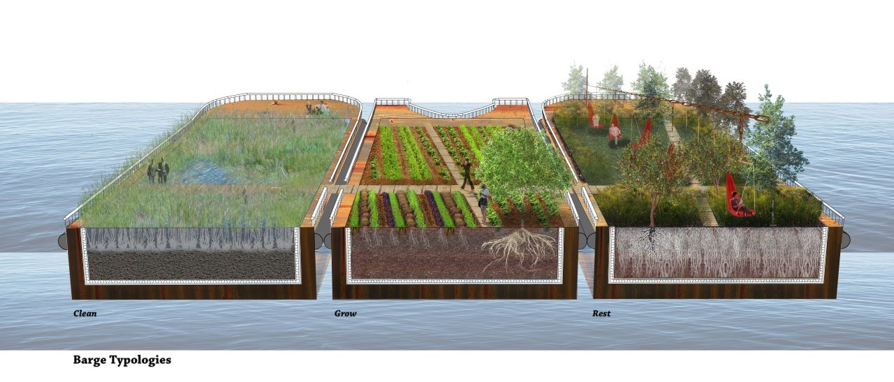 This idea to create a network of floating barges of wetland, farm and park near Canary Wharf was highly commended by the judges. The competition was organized by the UK's Landscape Institute in partnership with the Mayor of London and the Garden Museum based in south London.