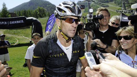 Lance Armstrong finishes the Power of Four Mountain Bike Race in Aspen, Colorado, on August 25.