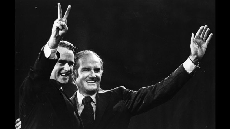 Democratic presidential nominee Sen. George McGovern, right, chose Sen. Thomas Eagleton, left, as his running mate in 1972. But when it was revealed that Eagleton had been hospitalized for depression where he underwent electroshock therapy, the scandal was enough to force him off the ticket. He was replaced by a Kennedy in-law and former director of the Peace Corps, Sargent Shriver. McGovern lost in a landslide to Republican incumbent Richard Nixon. <br />