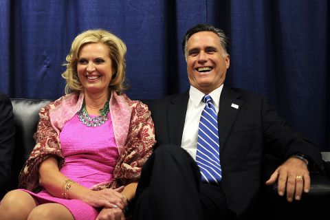 Republican presidential candidate Mitt Romney and his wife Ann await the start of the second presidential debate in a holding room.