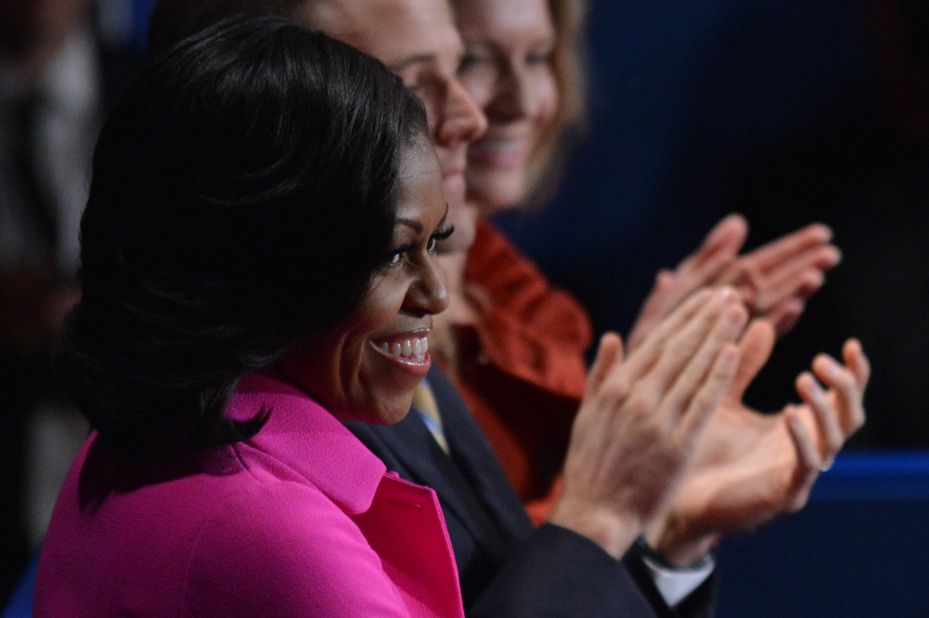 First lady Michelle Obama awaits the start of the second presidential debate.