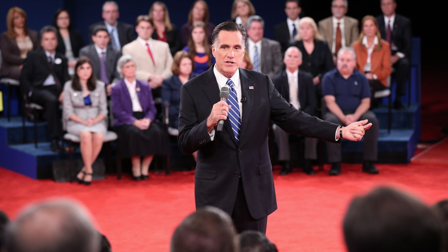 Mitt Romney speaks to the audience during Tuesday night's town hall presidential debate.