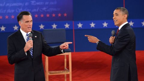 President Obama and Republican presidential nominee Romney point the finger at each other.