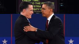 Republican presidential candidate Mitt Romney and U.S. President Barack Obama shake hands following the second presidential debate at Hofstra University in Hempstead, New York, on Tuesday, October 16, moderated by CNN's Candy Crowley. See the best photos of the first presidential debate.