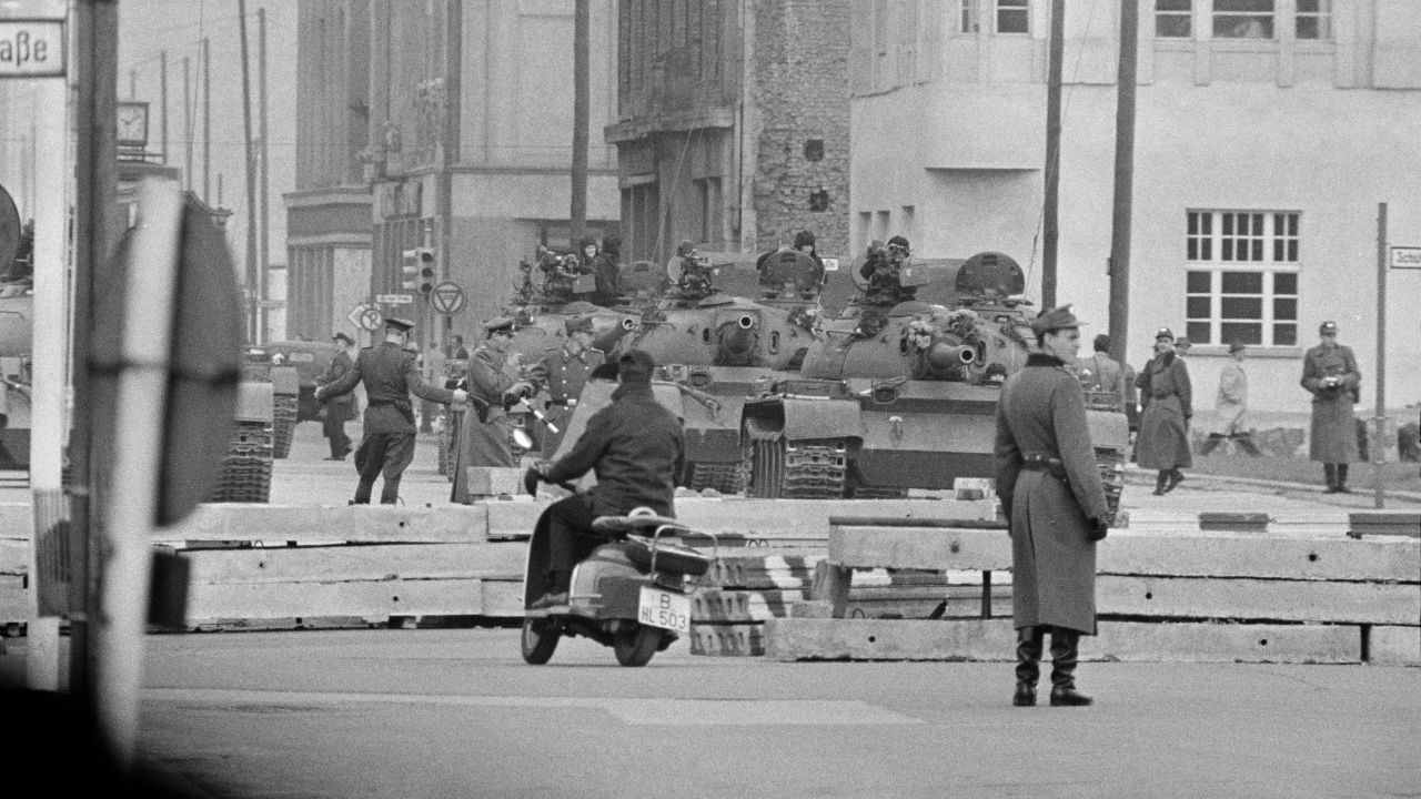 Soviet tanks and troops at Checkpoint Charlie, Berlin, February 1961. 