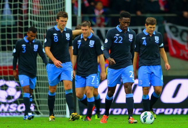 England's players looked dejected after they failed to hold on to their first-half lead in Warsaw. Roy Hodgson's men have now taken eight points from four games in Group H and sit one point clear of nearest rival Montenegro.