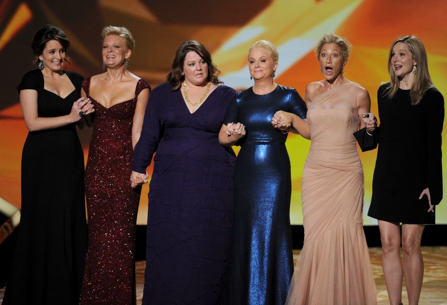 The nominees for outstanding lead actress in a comedy series -- from left, Fey, Martha Plimpton, Melissa McCarthy, Poehler, Edie Falco and Laura Linney -- join each other on stage at the 2011 Emmy Awards. McCarthy ended up winning the award.