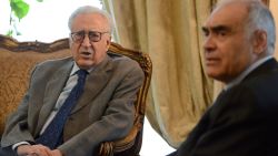 International peace envoy for Syria Lakhdar Brahimi (L) meets with Egyptian Foreign Minister Mohammed Kamel Amr (R) in Cairo on October 16, 2012. Brahimi held talks on the Syrian conflict with Egyptian officials as warplanes unleashed a wave of raids in Syria's north, bidding to dislodge rebels whose seizure of a key highway has prevented reinforcements from reaching main battleground city Aleppo. AFP PHOTO / KHALED DESOUKI (Photo credit should read KHALED DESOUKI/AFP/Getty Images) 