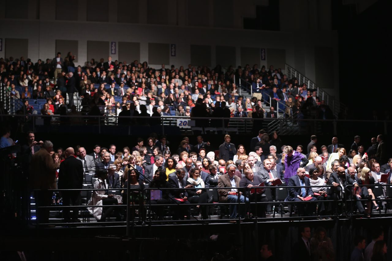 The audience gathers in the stands prior to the start of the presidential debate on Tuesday.
