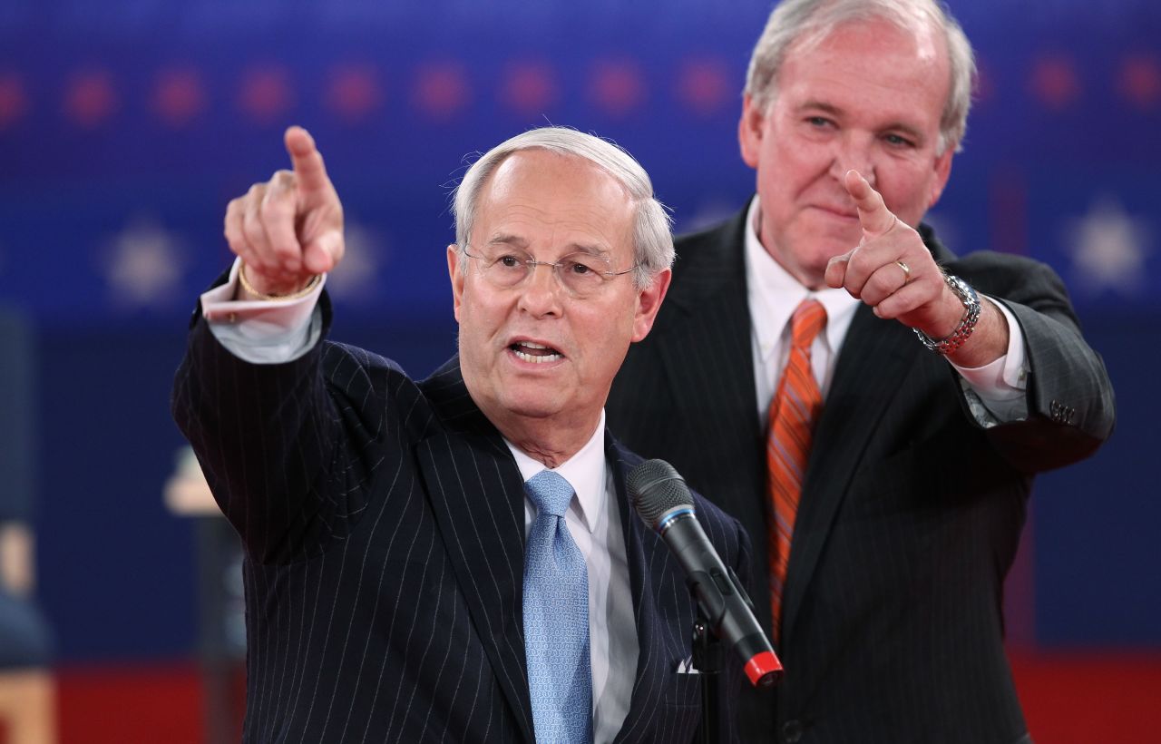 Co-chairs Frank Fahrenkopf, left, and Mike McCurry of the Commission on Presidential Debates speak in the lead up to the town hall-style debate.