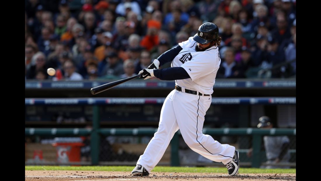 Prince Fielder of the Detroit Tigers hits a single in the first inning against the New York Yankees.