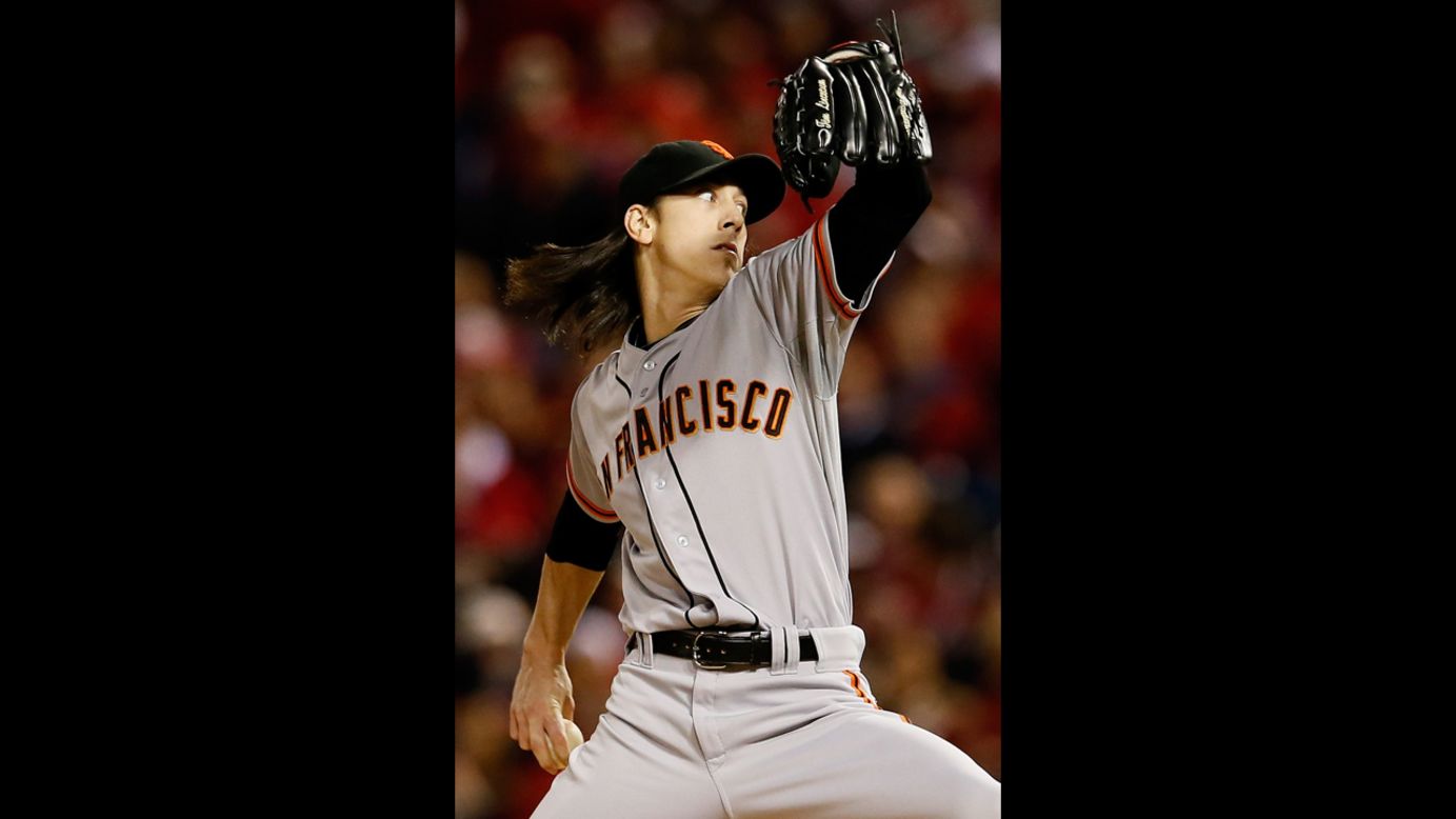 Starting pitcher Tim Lincecum of the San Francisco Giants pitches in the first inning against the St. Louis Cardinals.