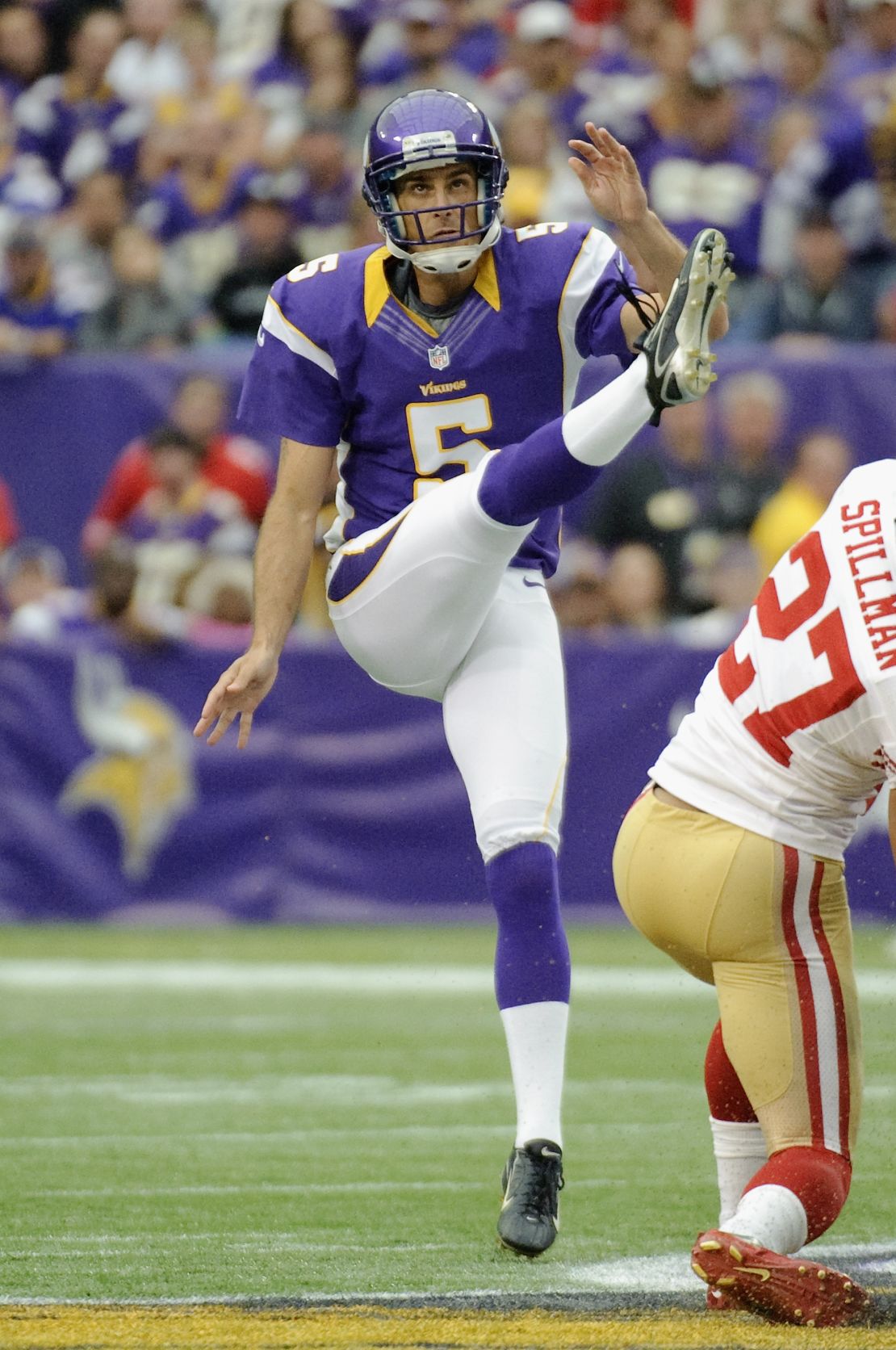 Chris Kluwe, #5 of the Minnesota Vikings, punts the ball during a game against the San Francisco 49ers.