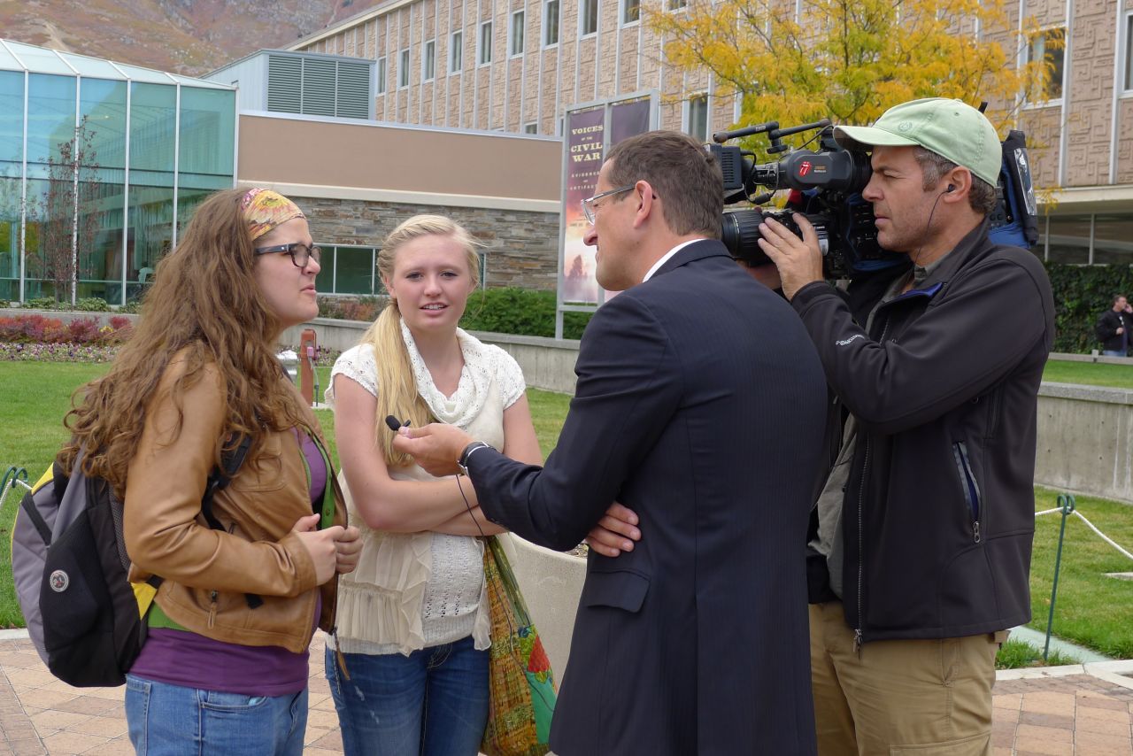Richard Quest interviewing Brigham Young University students. Mitt Romney graduated from this university, also known as the Mormon University, in 1971.