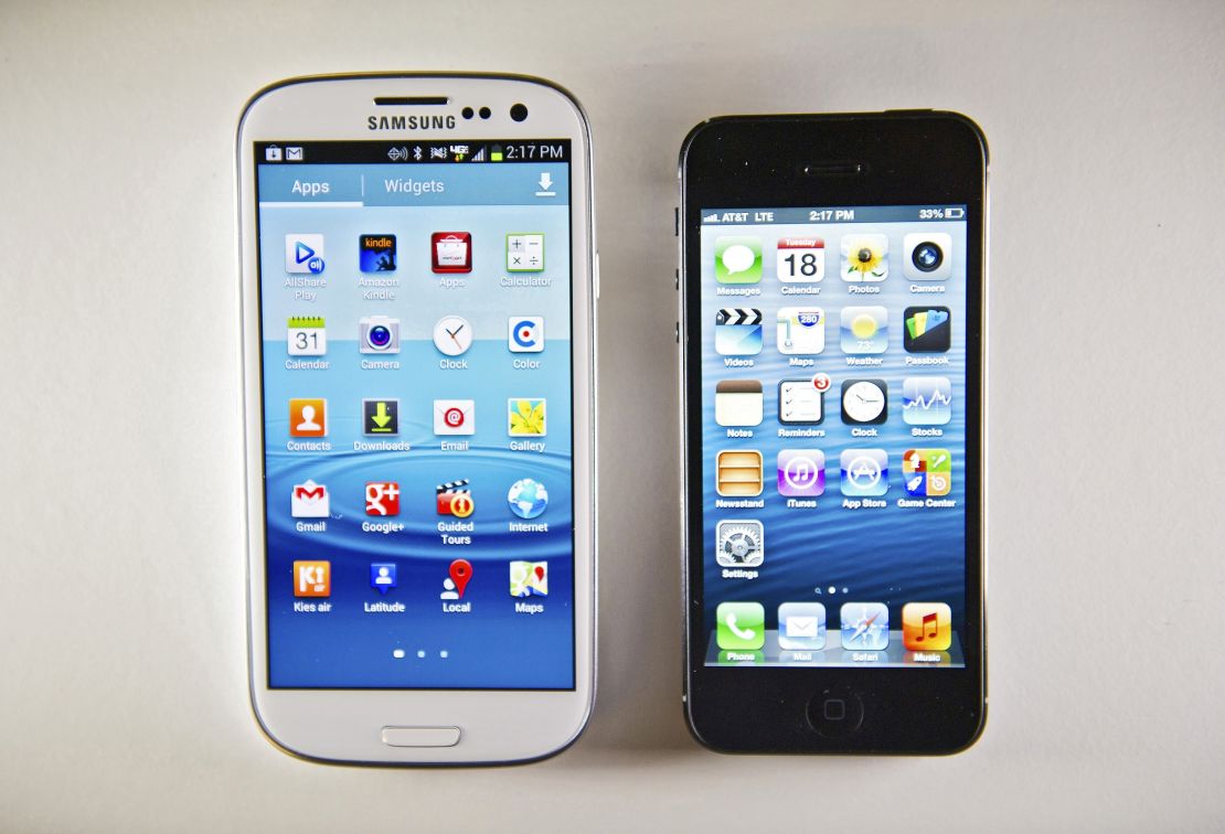 A Samsung Galaxy S III, left, next to an iPhone 5. The new Galaxy phone will be bigger.