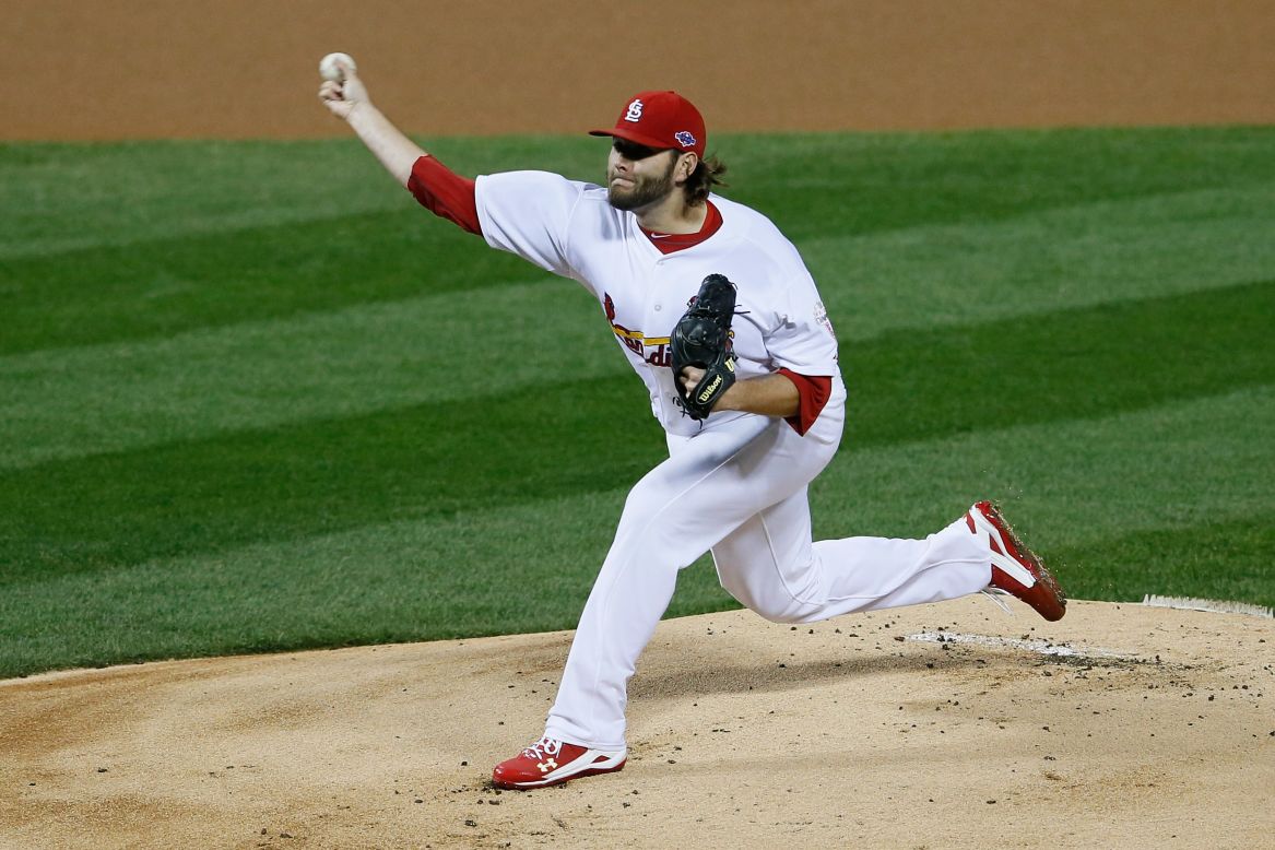 No. 31 Lance Lynn of the Cardinals pitches in the first inning against the Giants.