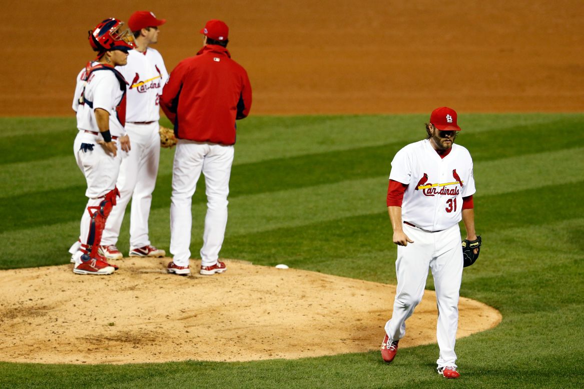 No. 31 Lance Lynn of the is taken out of the game in the fourth inning.
