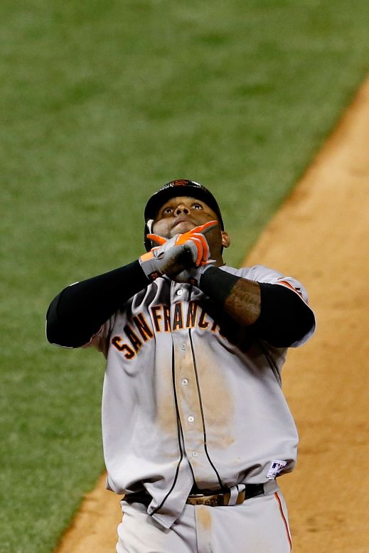 No. 48 Pablo Sandoval of the Giants reacts after hitting a solo home run in the eighth inning.