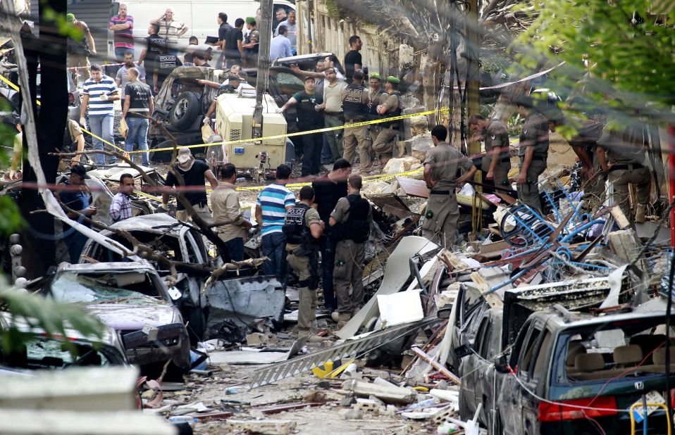Lebanese security forces inspect damage in Ashrafiyeh on Saturday.