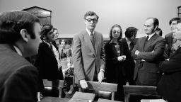 Hillary Rodham, center, a lawyer for the Rodino Committee, and John Doar, left, Chief Counsel for the committee, bring impeachment charges against President Richard Nixon in the Judiciary Committee hearing room at the U.S. Capitol in 1974 in Washington, DC.