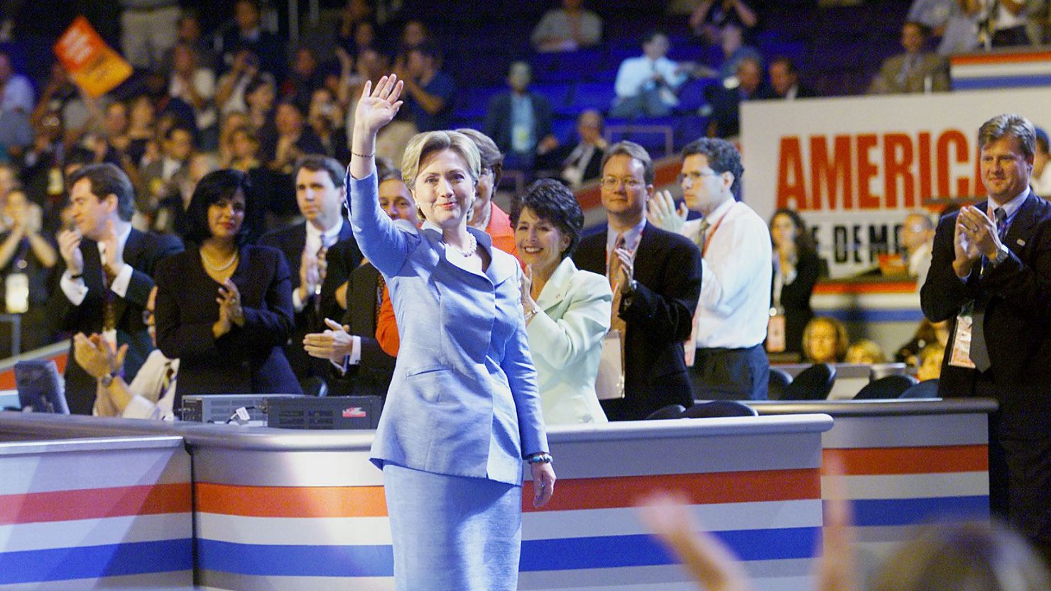 Hillary Clinton waves to the crowd as she arrives on the stage at the Democratic National Convention August 14, 2000, at the Staples Center in Los Angeles.