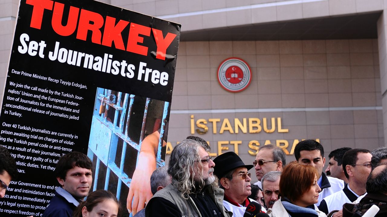 Journalists and human right activists protest in front of the courthouse in Istanbul on November 22, 2011.