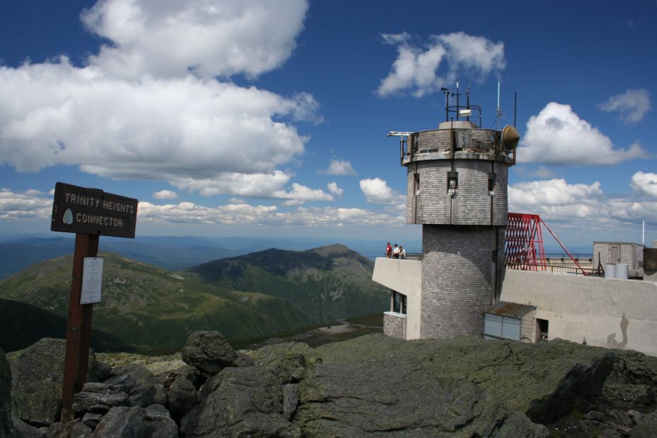Recounting a 1642 expedition, Plymouth Colony leader John Winthrop describes four rivers originating at the peak of Mount Washington (trail hikers walk past the observatory, shown here) similar to the Bible's account of the rivers of Eden.