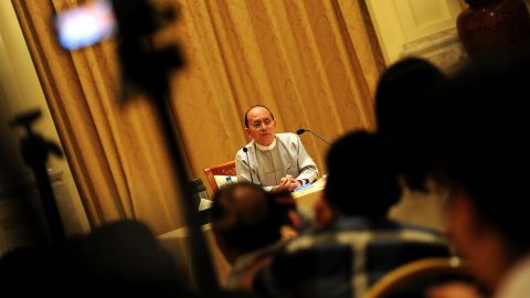 Myanmar President Thein Sein answers reporters' questions during his first news conference since taking power in March 2011.