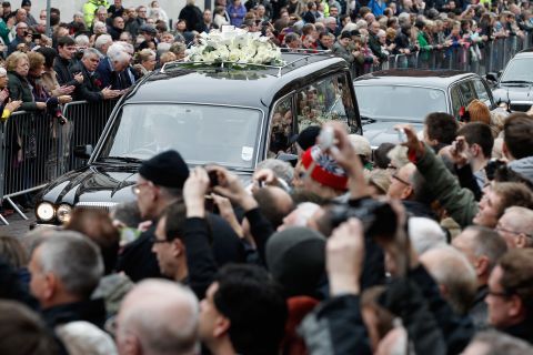 The funeral cortege of Savile arrives at Leeds Cathedral for a funeral service on November 9, 2011, in Leeds, England.