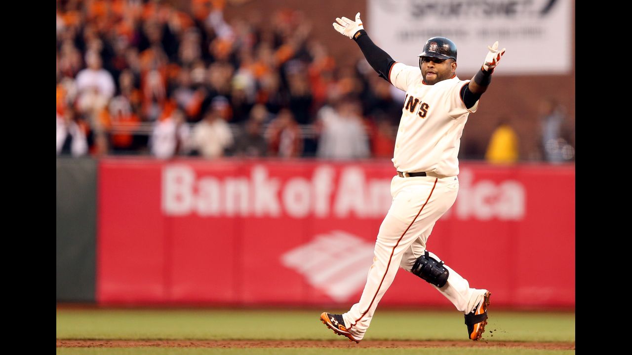 No. 48 Pablo Sandoval of the Giants reacts after hitting a double in the third inning.