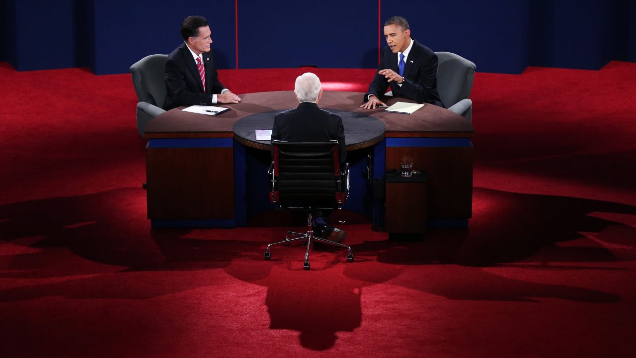 Romney and Obama debate on stage. The final face-to-face showdown took place 15 days before the election.