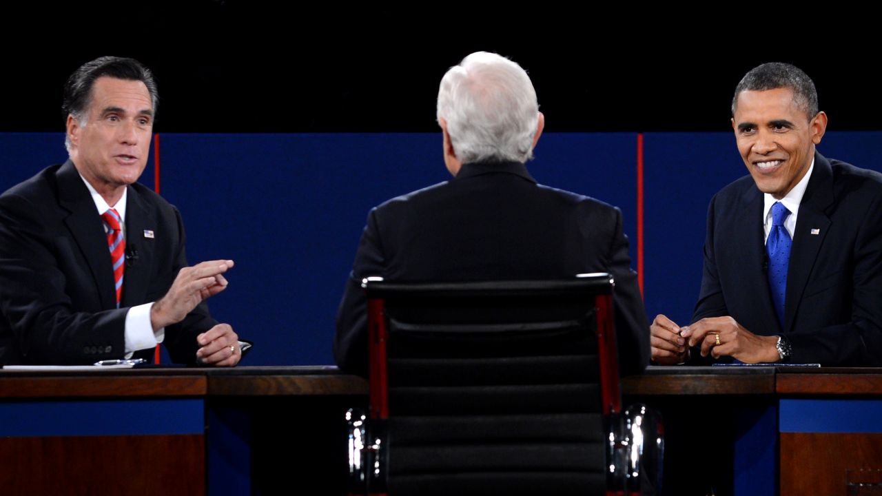 Romney and Obama participate in the debate moderated by Bob Schieffer of CBS News.
