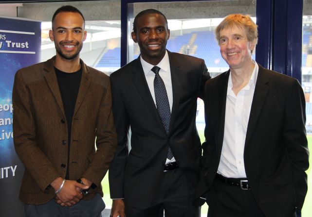 A play telling Tull's story is set for a run at Bolton's Octagon theatre, beginning on February 21. Nathan Ives-Moiba (left) will play Tull and he is pictured here with the Octagon's artistic director David Thacker (right). The pair are pictured alongside former footballer Fabrice Muamba, who suffered a cardiac arrest on the pitch while playing for Bolton Wanderers earlier this year.