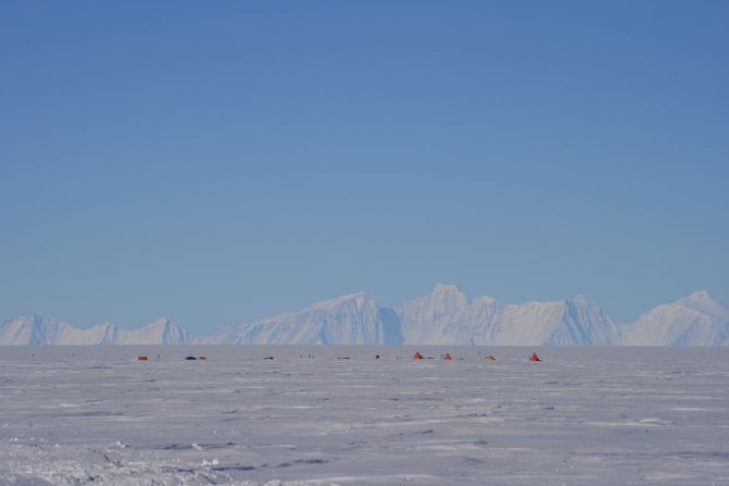 The drilling site above Lake Ellsworth, with the Ellsworth mountain range in the distance. The subglacial lakes are believed to maintain their liquid form due to pressure from the ice above, and heat from the Earth below.
