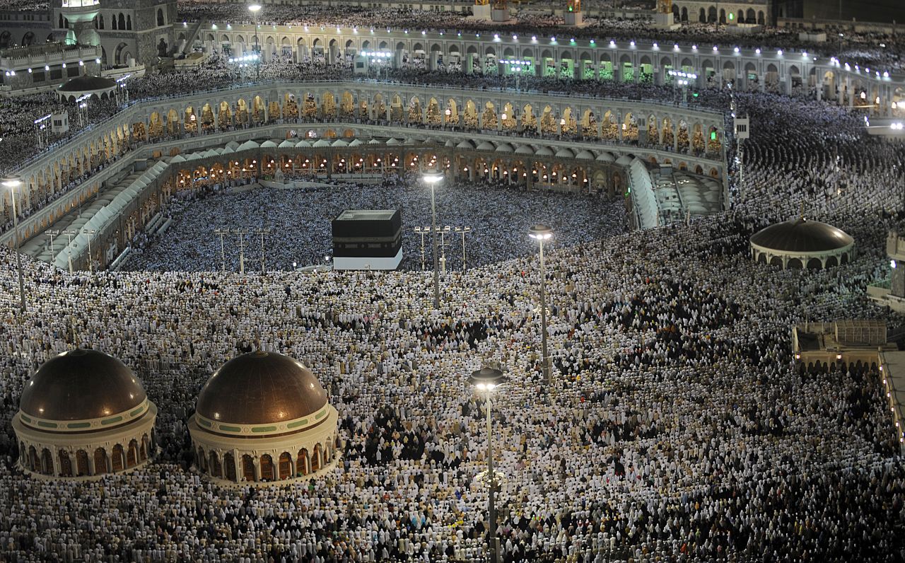 Muslim pilgrims perform their evening prayers at the Grand Mosque in Mecca on Monday, October 22. 