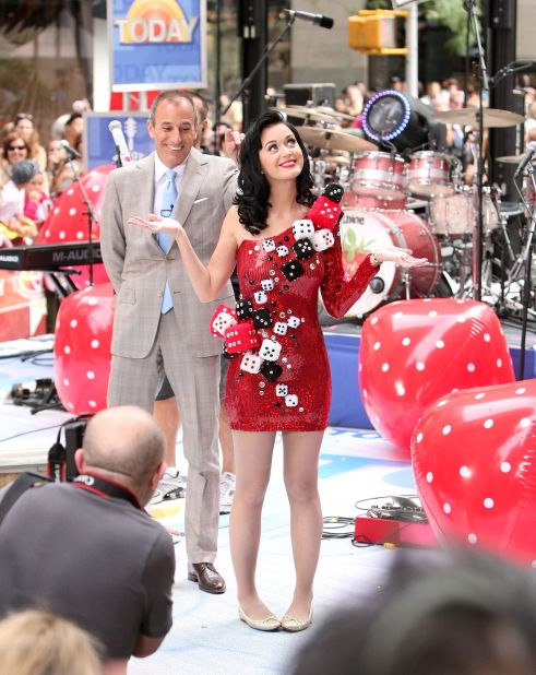 This "dicey" dress might make more sense in Sin City than the Big Apple, but the "Waking Up In Vegas" singer wears it to perform on NBC's "Today" in July 2009. Anchor Matt Lauer looks amused.