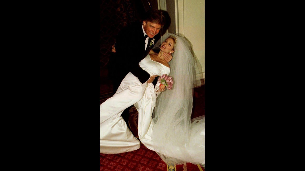 Trump dips his second wife, Marla Maples, after the couple married in a private ceremony in New York in December 1993. The couple divorced in 1999 and had one daughter together, Tiffany.
